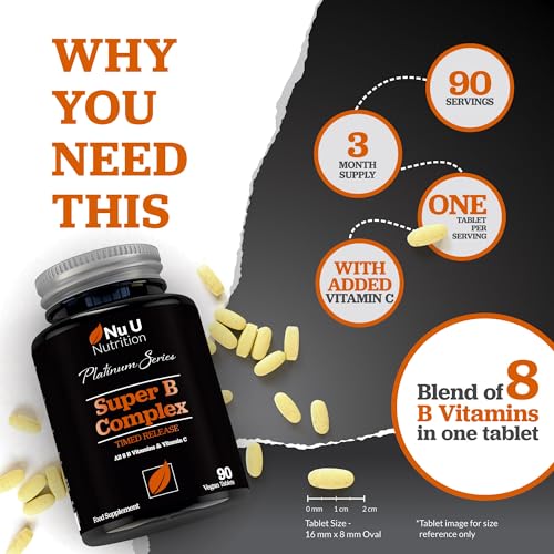 Super Vitamin B Complex - High Absorption Methylated B Vitamins with VIT C - 90 Timed Release Vegan Tablets - 3 Month Supply - B1, B2, B3, B5, B6, B8, B9 & B12 - Made in The UK - Nu U Nutrition - Image 4