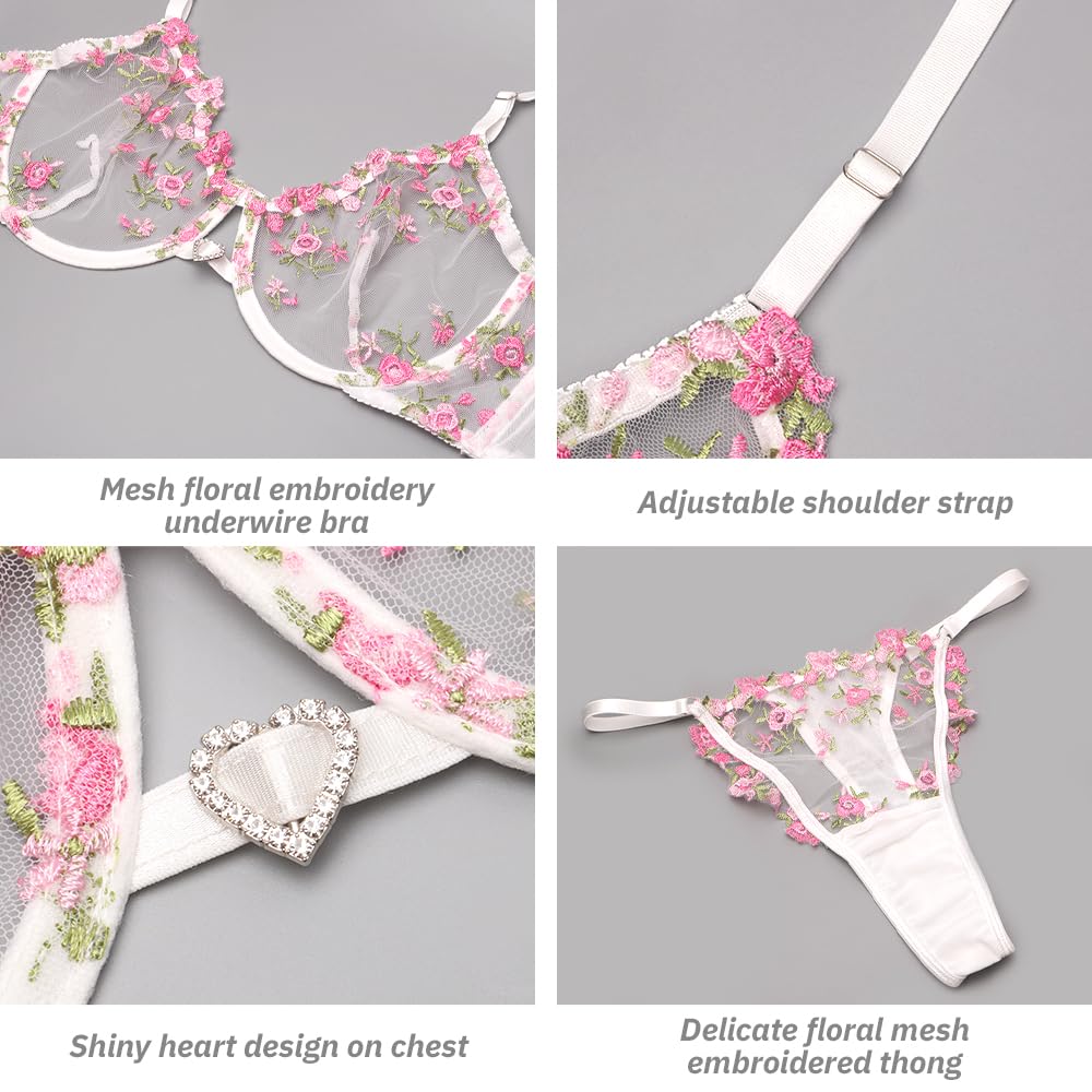 Conjuntos de lencería Sexy con Aros y Bordado Floral para Mujer, 2 Piezas con Sujetador de Malla Transparente y Panty de Cintura Alta, Ropa de Dormir Transparente con realce, Ropa Interior con Correa