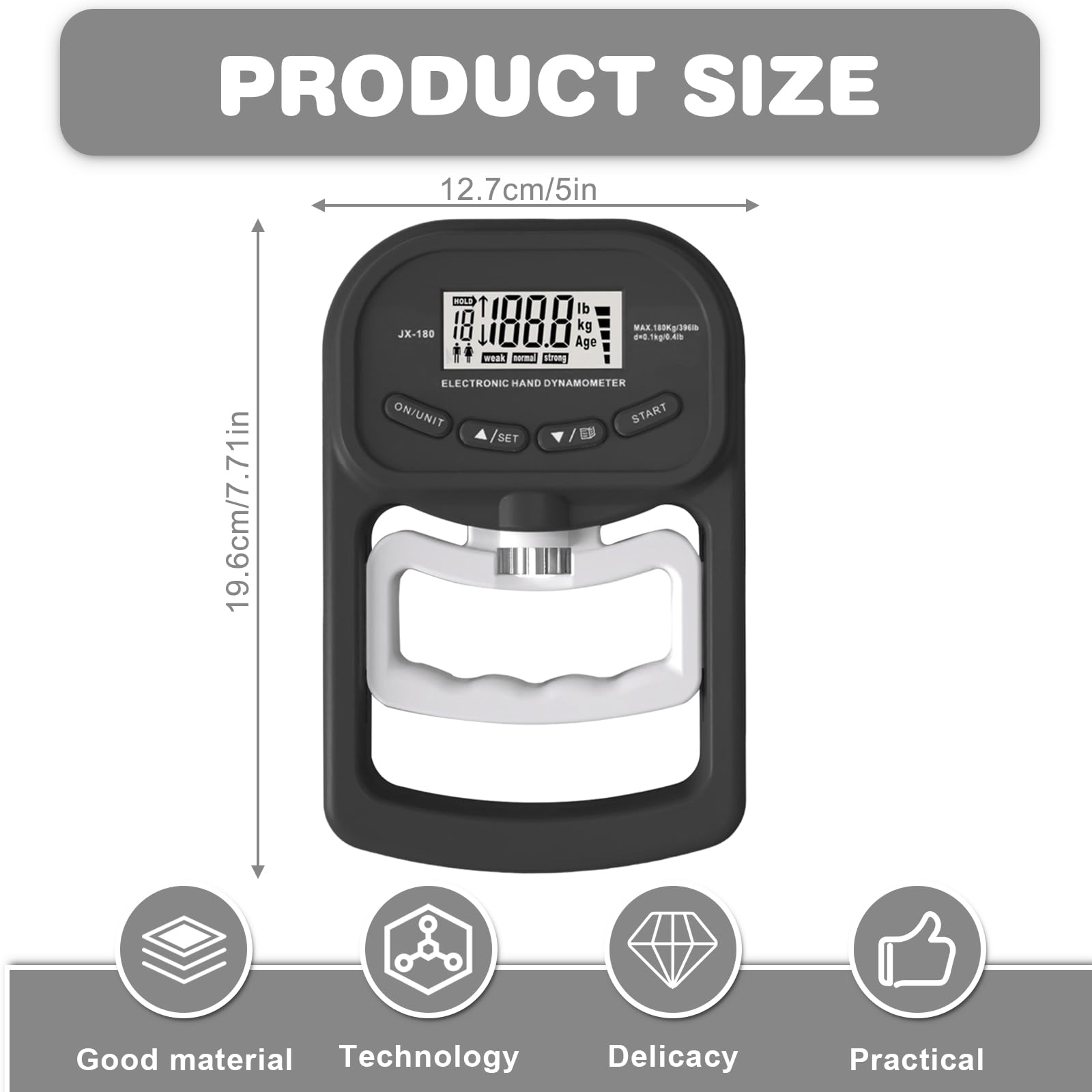 Digitaler Handkraftmessgerät: 396lb/180Kg Elektronische Griffkraft Messgerät, LED Display Grip Strength Trainer, Dynamometer mit USB-Ladekabel, Digitaler Griffstärke-Messung, Hand Dynamometer
