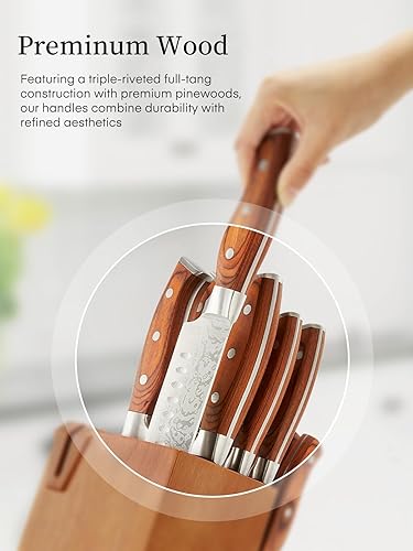 Miniatura 4 de FOHERE - Juego de cuchillos de cocina de 14 piezas con mango de madera, acero inoxidable de alto carbono, juego de bloques de cuchillos