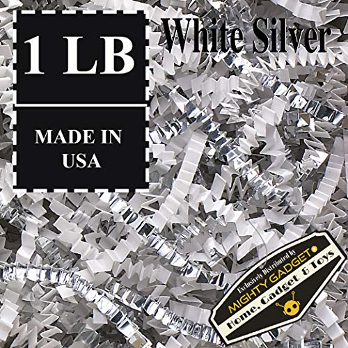 Mighty Gadget (R) 1 LB Premium White Silver Metallic Mix Crinkle Cut Paper Shred Filler for Gift Wrapping & Basket Filling