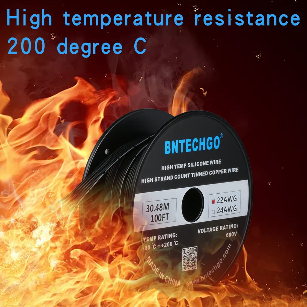 BNTECHGO Cable de cinta de silicona de calibre 22 flexible 6P negro de 100 pies, cable plano de 22 AWG, alambre de cobre estañado trenzado