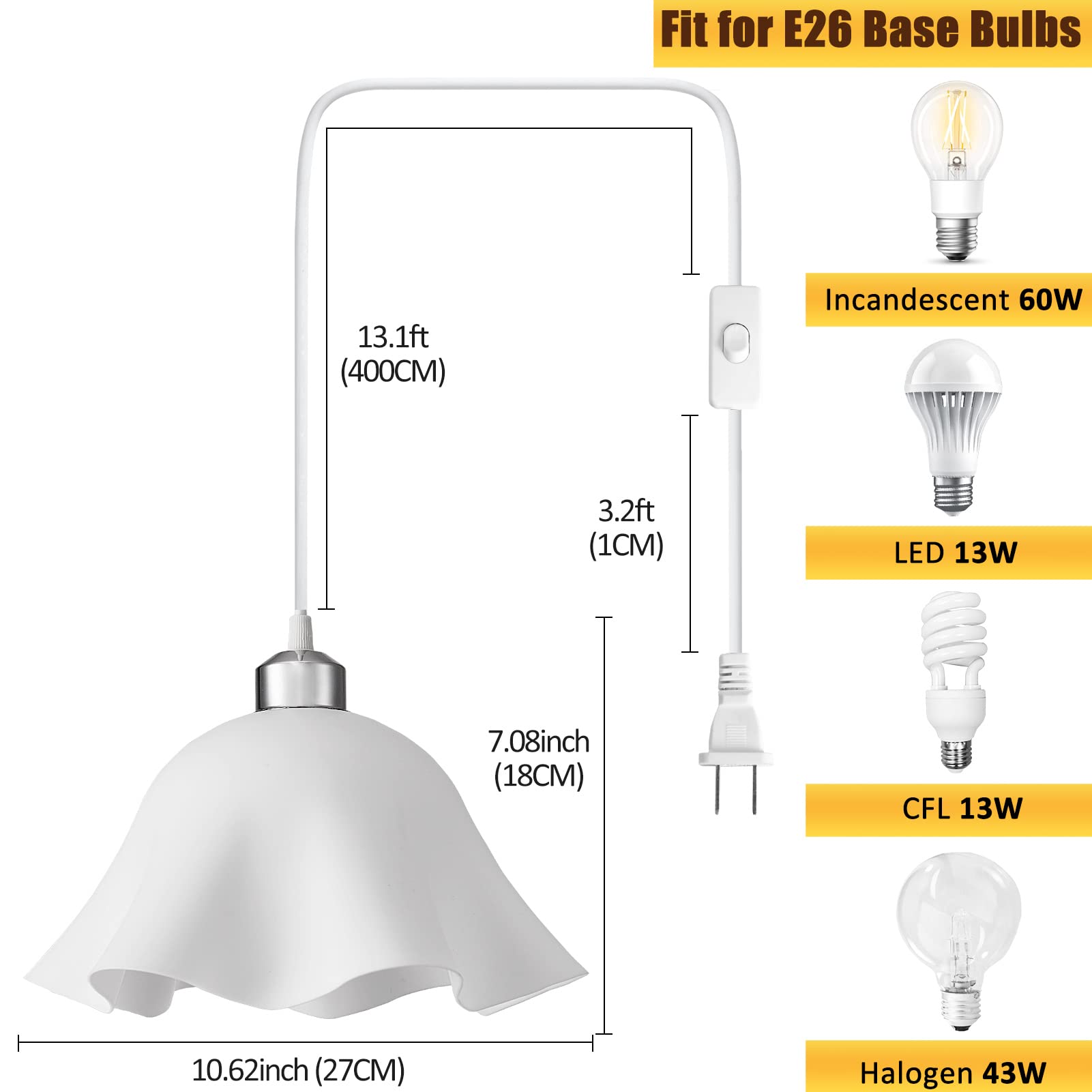 OmiSun Lampa wisząca do wtyku ze sznurkiem wtykowym, lampa wisząca z kablem o długości 4,5 m, włącznik/wyłącznik, matowe tworzywo sztuczne, biały abażur, do podłączenia, do sypialni, salonu, 2 sztuki