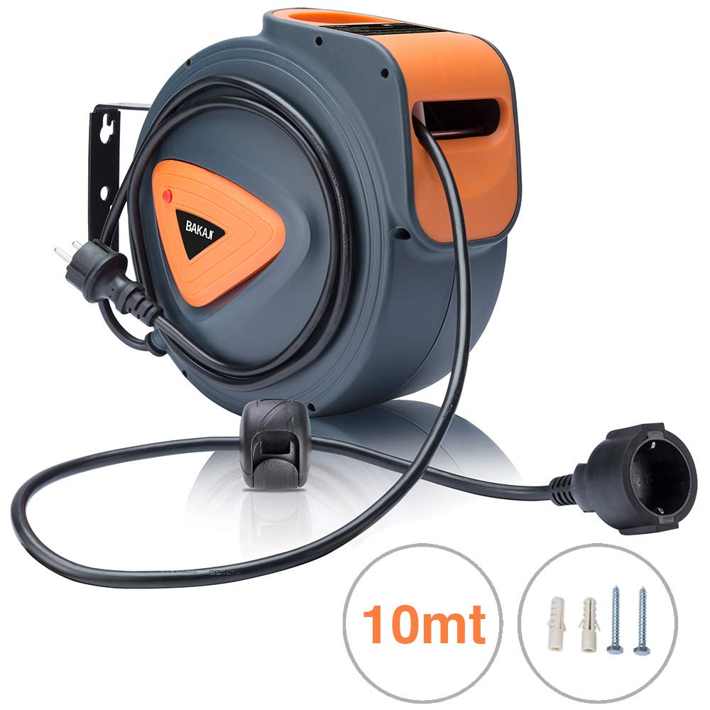 Bakaji - Enrollador de cable eléctrico con cable de 10 m, toma Shucko, fijación a la pared, sistema de bloqueo automático, ahorra espacio, accesorio enrollador de manguera alargador eléctrico