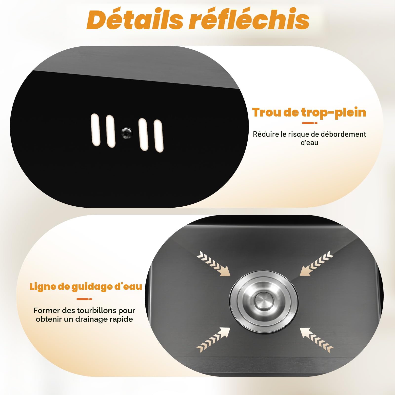 Évier Cuisine 1 Bac 40×45cm, Évier Noir Evier de Cuisine En Granit Trous Pour Robinets et Distributeur de Savon et Panier Télescopique Évier Encastrable 201 Acier Inox Avec Kit de Vidage