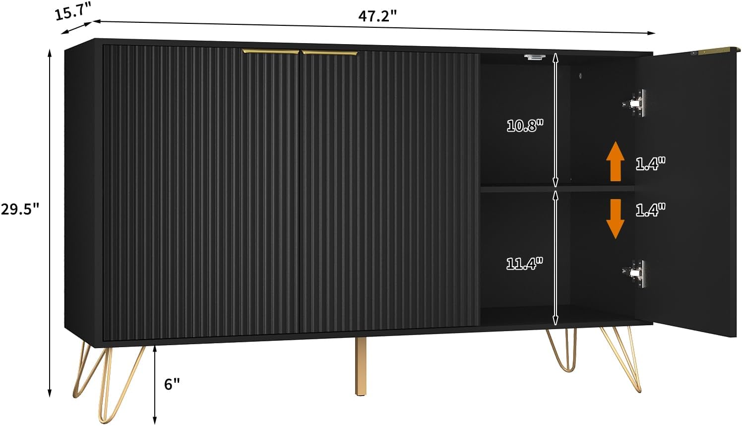 Storage Cabinet with 3 Doors, Sideboard Buffet Cabinet with Storage, Coffee Bar Cabinet with Metal Legs and Adjustable Shelf for Kitchen, Dining Room, Living Room, Office, Black