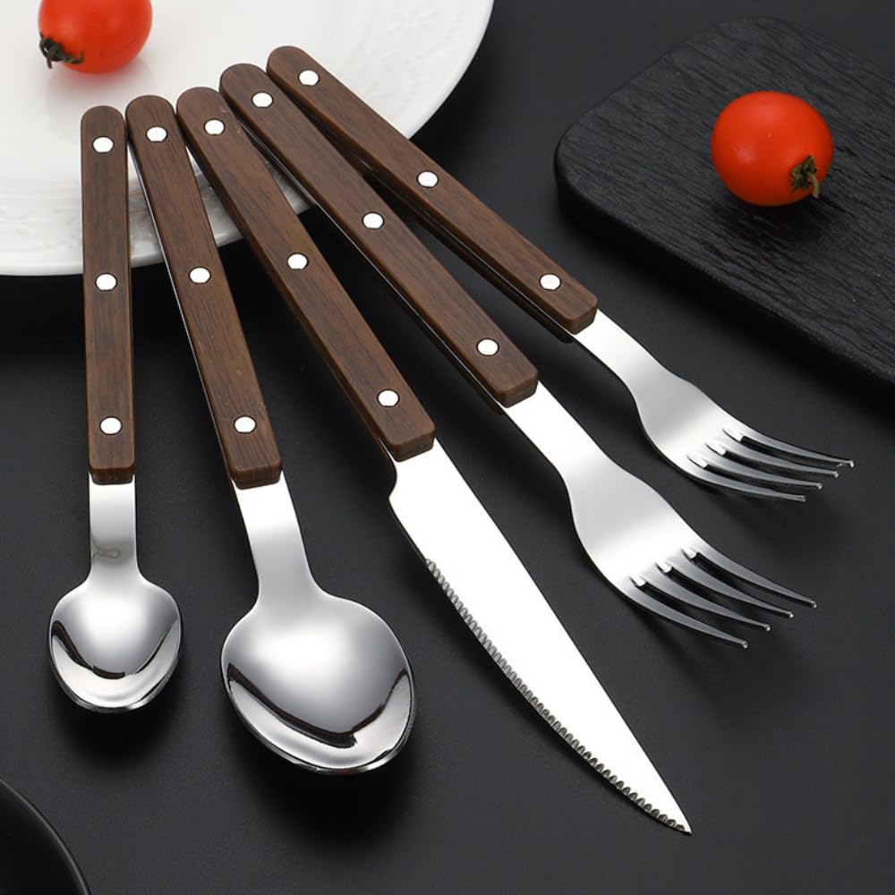 Spessa Rivetto Morsetto Manico Cucina Acciaio Inox Argenteria Stoviglie Posate Set Bistecca Coltello Forchetta Cucchiaio Cucchiaino (Marrone scuro,20 pezzi)