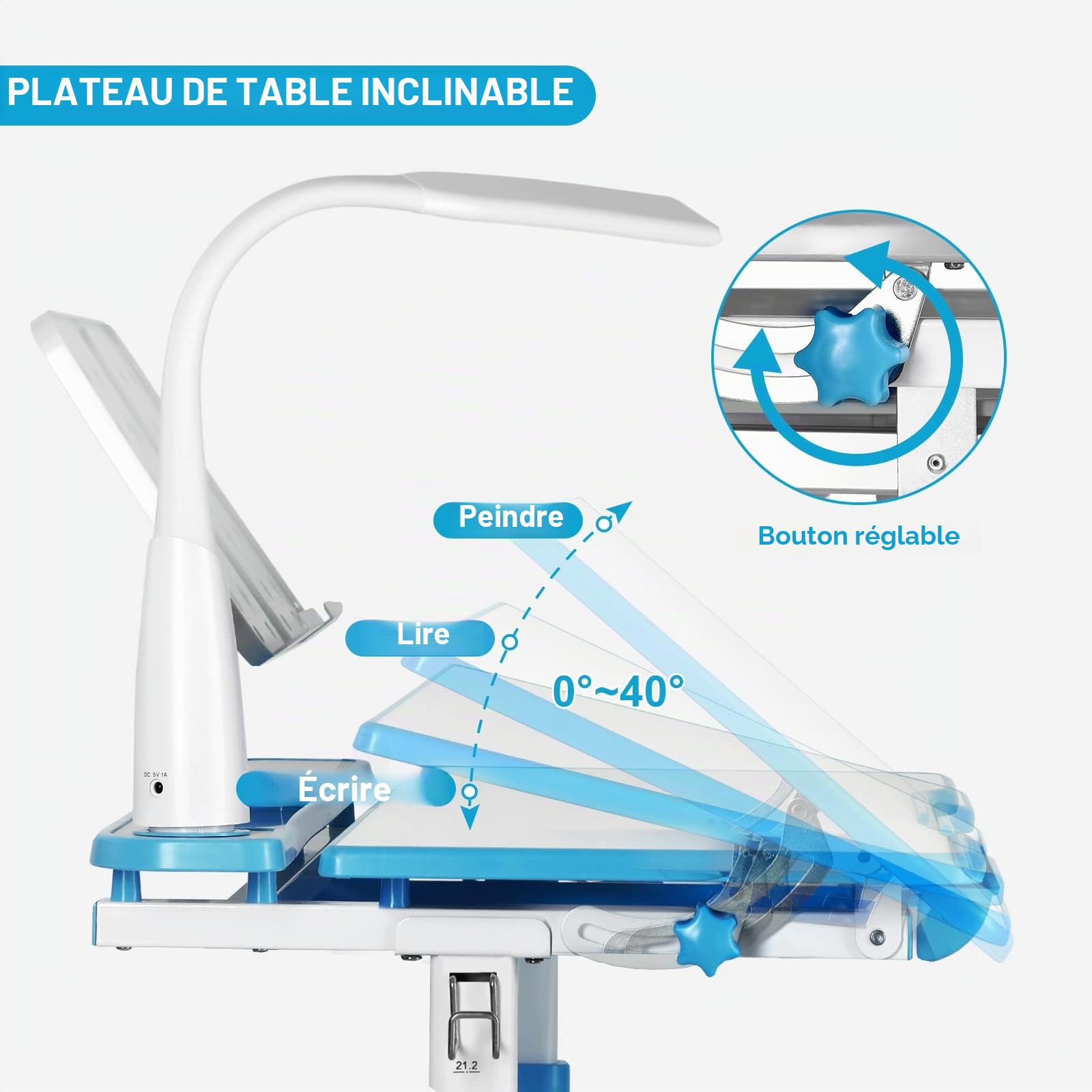 JOYLDIAS Bureau pour Enfant réglable en Hauteur avec Lampe et Chaise et tiroir avec Petit Seau