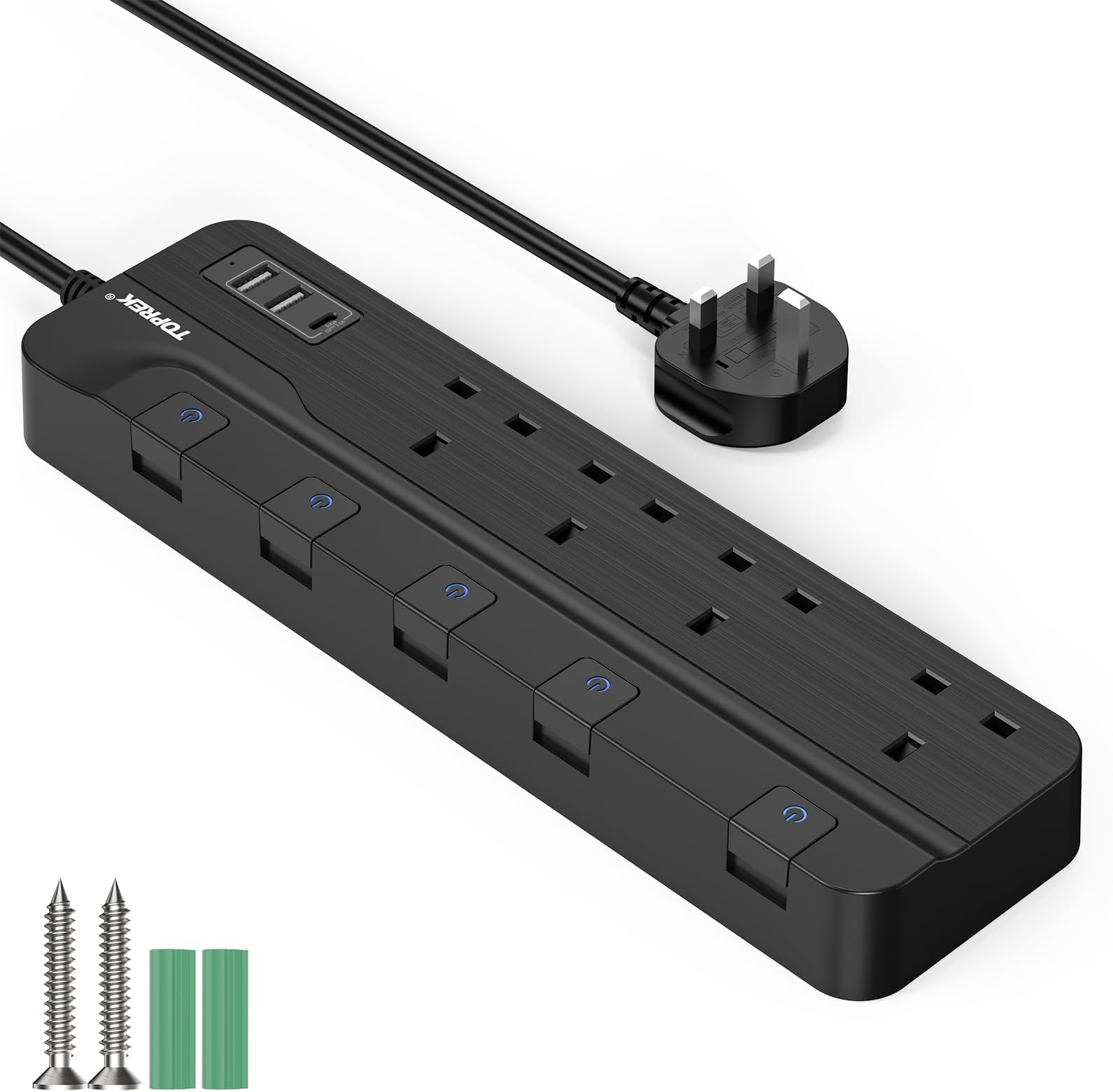 4 Plug Extension Lead with Ultra Wide Pitch Socket, Individual Switches Lights with 2 USB-A, 1 USB-C, 13A/3250W Overload Protection Extension Cable with USB Ports, 2M Extension Cord