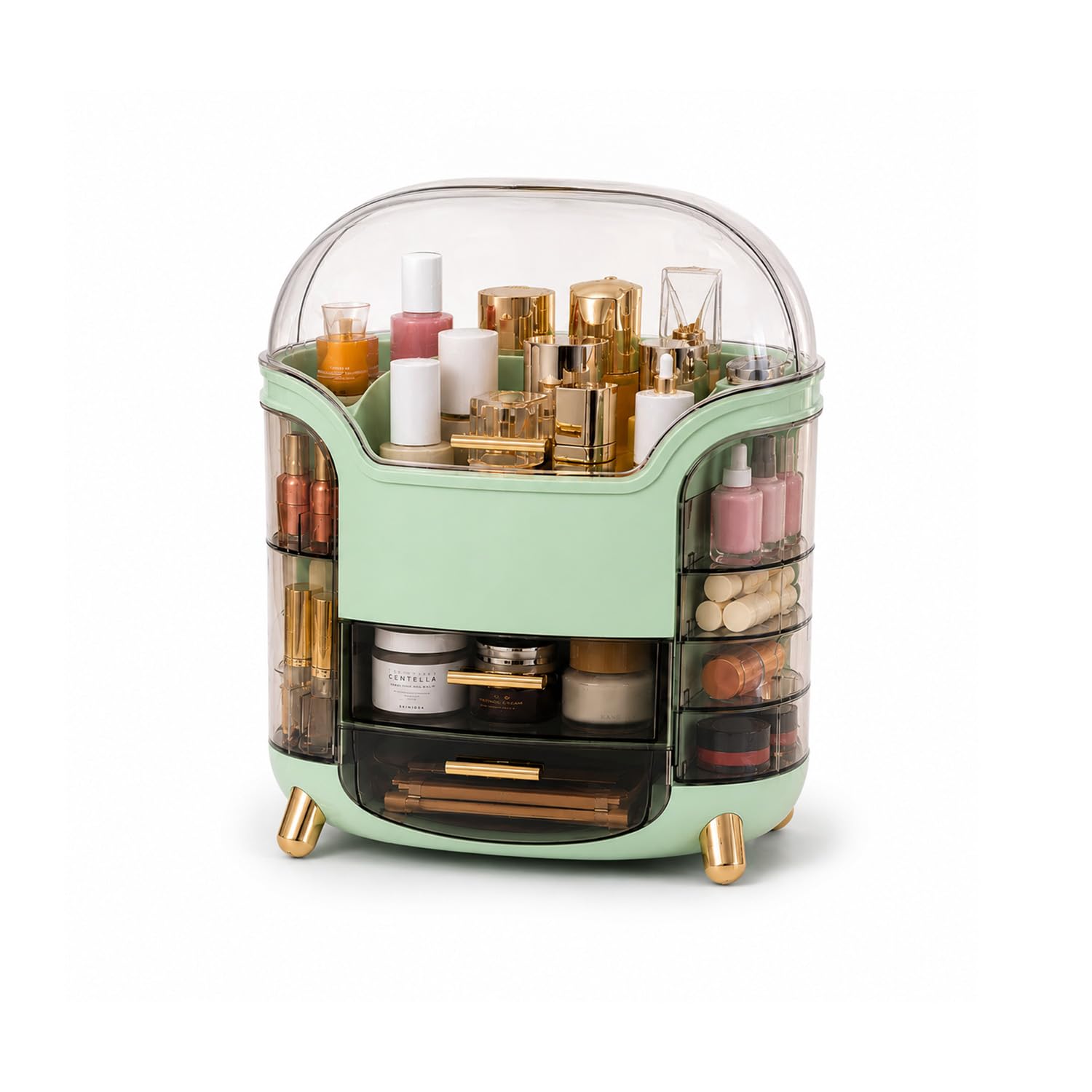 Wintem Porta Trucchi Rotante Trasparente Verde, Make Up Organizer con 2 Cassetti Girevoli a 90° e 2 Scomparti Laterali, Organizzatore Cosmetici Compatto da Toeletta