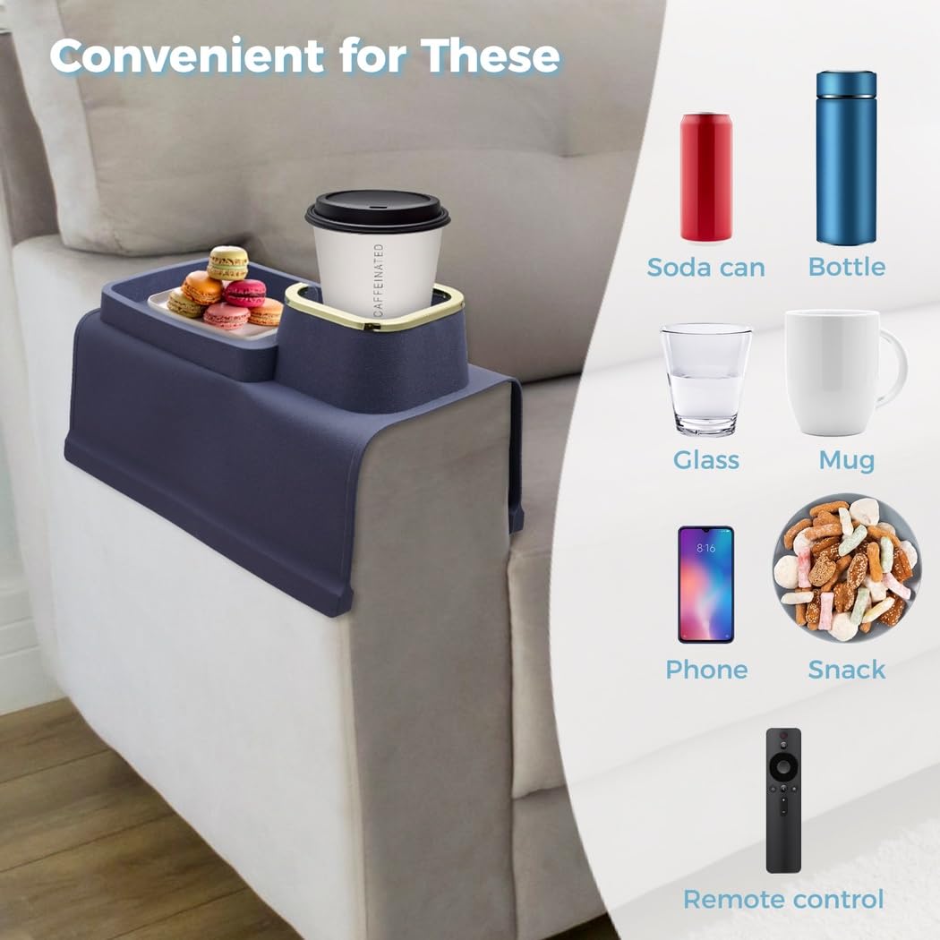 Uchwyt na kubek na kanapę, tacę na podłokietnik, silikonowa taca na kanapę na podłokietnik, organizer na podłokietnik, uchwyt do pilota zdalnego sterowania i telefonu komórkowego, antypoślizgowa