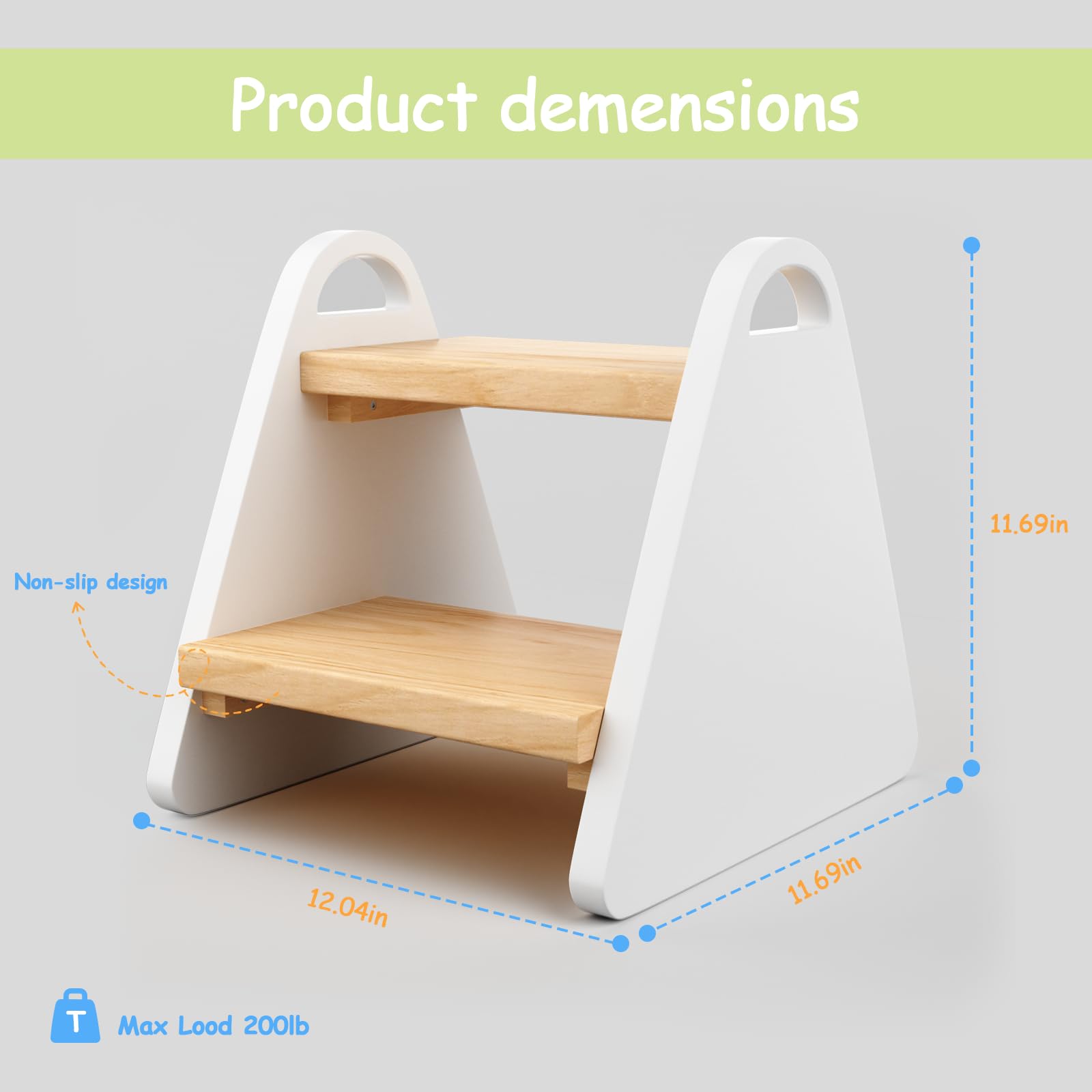 Toddler Step Stool, Wooden Step Stools for Kids, Solid Wood Two Step Stools Toddler with Handles, Rounded Corners Child Stepping Stool for Bathroom Sink, Kitchen, Bedroom (Wood Color-White)