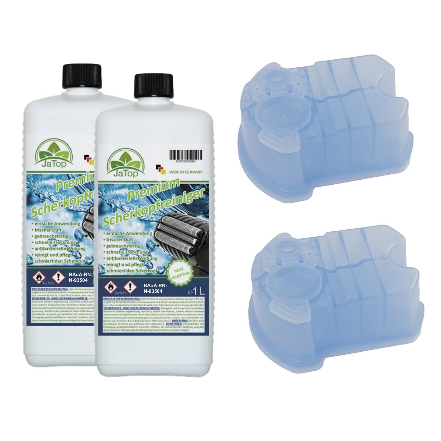 JaTop shaving head cleaner refill liquid + 2 cartridges (empty) [1 litre per bottle] – suitable for refilling Braun Clean & Renew Synchro Activator & Pulsonic Series Made in Germany