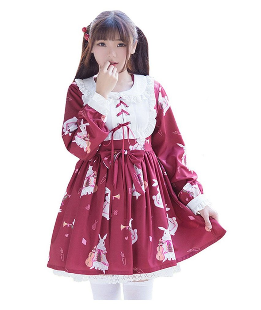 Amazon Co Jp Asia Color ロリータ ワンピース 長袖 うさぎ ラビット 図案 可愛い ドレス 洋服ロリータショートワンピース L レッド おもちゃ