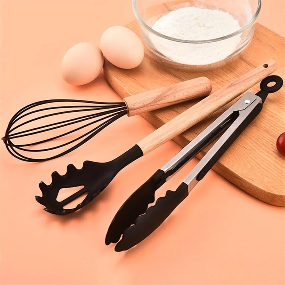 12-teiliges Küchenutensilien-Set aus Silikon, antihaftbeschichtet, Küchenhelfer mit Holzgriff, Pfannenwender, Eierrührer, Küchenzubehör (Schwarz, 12 Stück)