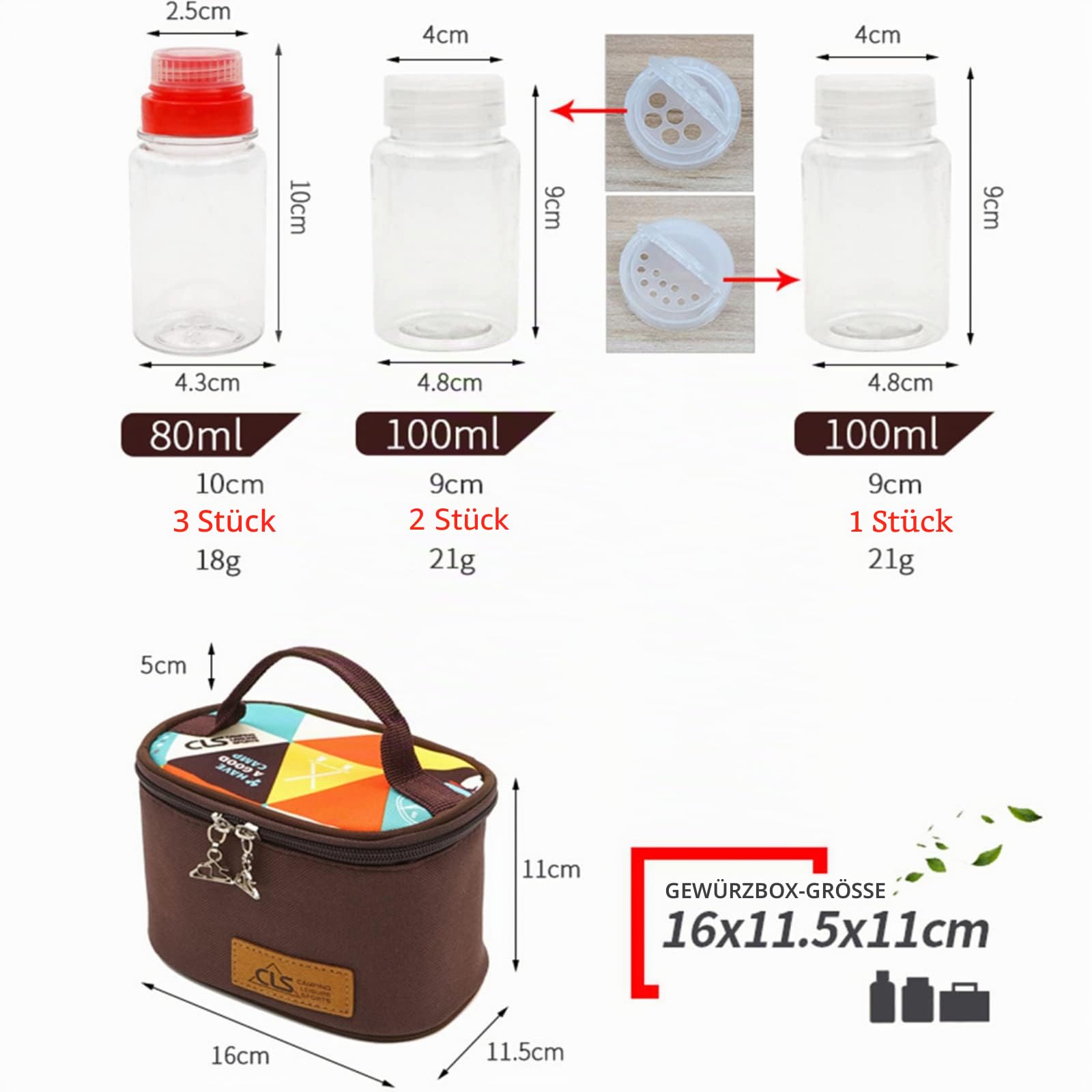 Joyeee Leeres Gewürz-Set PET, 3 x 76,5 ml Flaschen und 3 x 94 ml Gläser, Reisetasche, Öl/Sojasauce