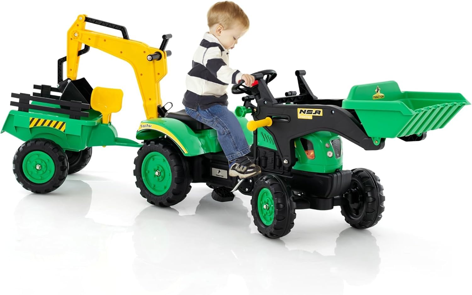 DREAMADE Trettraktor, Kindertraktor mit Anhänger & Schaufel & Frontlader, Kinderbagger Sitzbagger mit Hupe & Rechen, Tretfahrzeug für Kinder ab 3 Jahren (Grün)