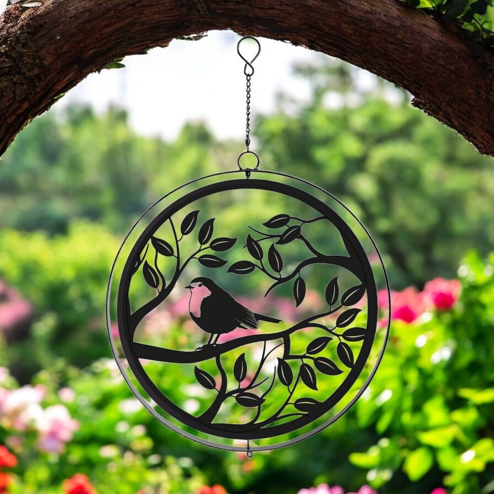 Epsom Door Handle Black Metal Orbit Wind Spinner – Hanging Blue Tit,Robin Or Butterfly Silhouette | 39Cm Kinetic Garden Ornament | Weather-Resistant Outdoor Décor For Patio, Yard & Trees (Robin)