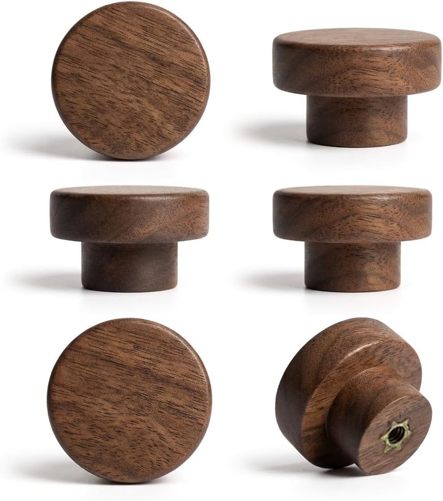 Mid Century Modern Walnut Mushroom Knobs for Cabinet,Drawer,Dresser and Closet Doors.Round Vintage Brown Wooden Crafts Furniture Knobs,Pulls and Handles (1.57'' Round Knobs, 10)