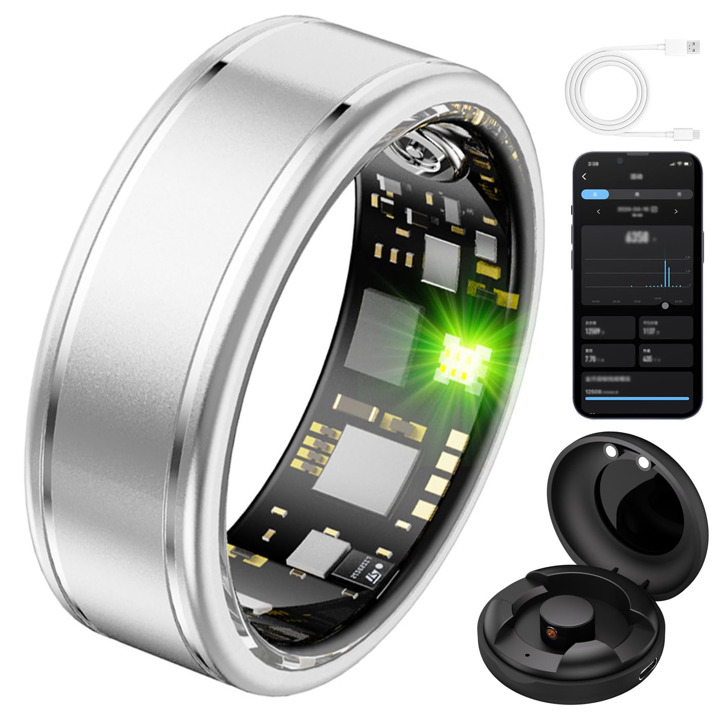 Smart Ring Men Women, Fitness Tracker Ring with Charging Box, App, Heart Rate Monitoring, Sleep Tracking, Trackers for Sports Time, Distance, Water Proof, Fitness Rings for Women silver 10