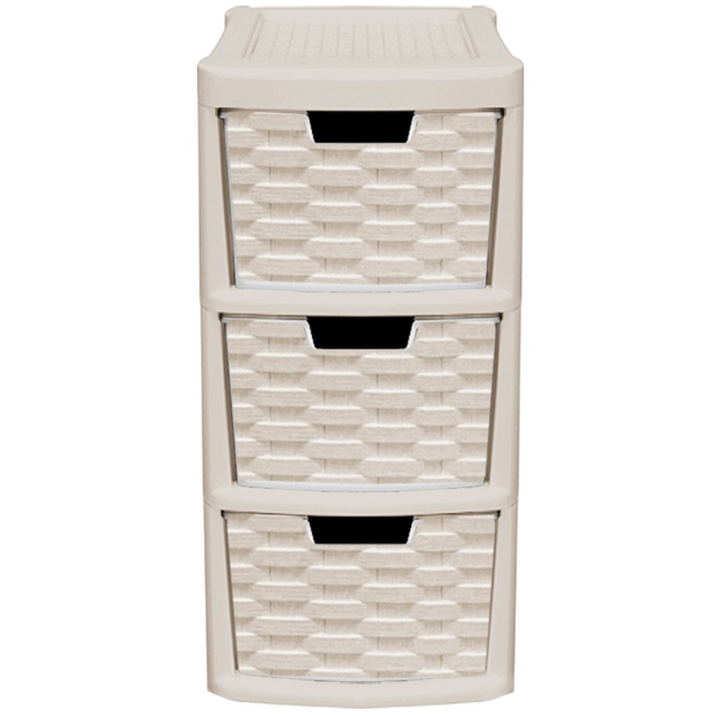 CrazyGadget® Rattan Style Plastic Small 3 Drawer Tower Storage Unit for School Home Office - Made In U.K. (1pc, Mushroom)