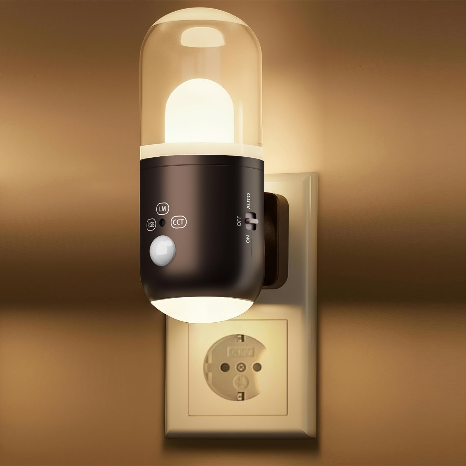 SuglanBee Nachtlicht Steckdose mit Bewegungsmelder & Dämmerungssensor,3 Farbtemperaturen，RGB 8 Modi,5 Helligkeitsstufen (20-240 LM) für Flur Treppe Schlafzimmer Wohnzimmer (Kaffee 1 Stück)