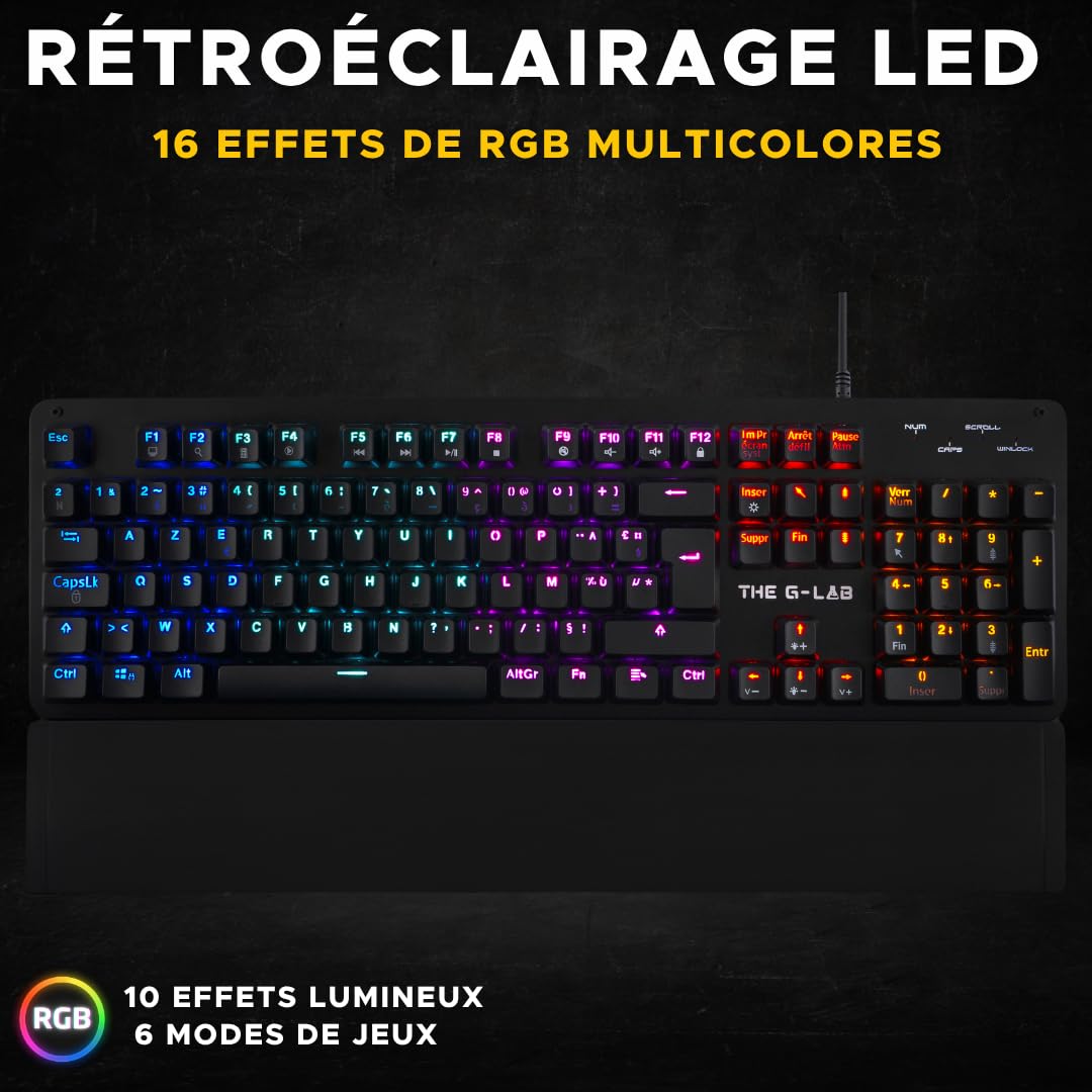 The G-Lab - Keyz Carbon E Clavier Mécanique Gamer Azerty Blue Switches Ultra Précis - 16 Effets de Rétro-Éclairage - Repose-Poignets Magnétique - Compatible PC PS4/PS5 Xbox One/Series X - New