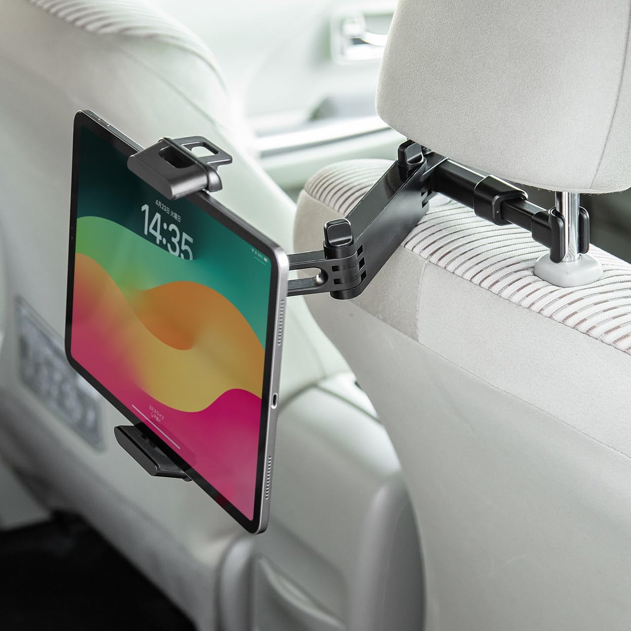 サンワダイレクト 車載タブレットホルダー ヘッドレスト固定型 伸縮アーム 360°回転 角度調整 後部座席用 7~13インチ対応 iPhone/Android/iPad対応 200-CAR108