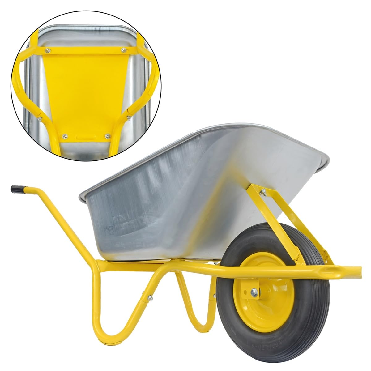 Matrix Schubkarre Profi 100l Liter 250 kg mit zusätzlichem Bodenblech pannensichers PU-Rad Schubkarren groß Garten Scheibtruhe Bauschubkarre | Mulde verzinkt | Metall Felge mit Kugellager | Farbe gelb