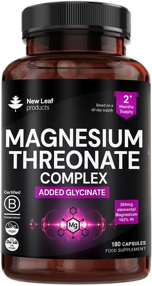 Magnesium Threonate Complex – High Strength 2550mg Magnesiums Supplements – Added Magnesium Glycinate, 180 Vegan Capsules – L-Threonate UK Made by New Leaf (3 Per Serving)