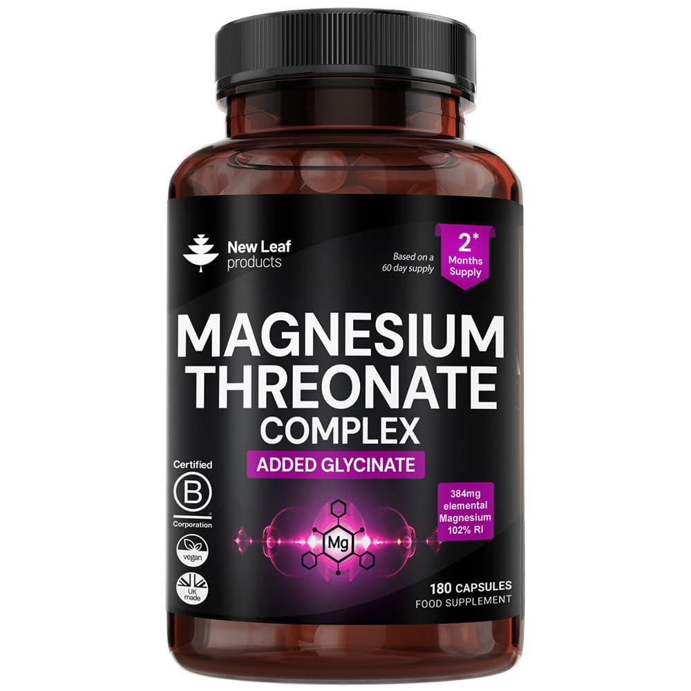 Magnesium Threonate Complex - High Strength 2550mg Magnesiums Supplements - Added Magnesium Glycinate, 180 Vegan Capsules - L-Threonate UK Made by New Leaf (3 Per Serving)