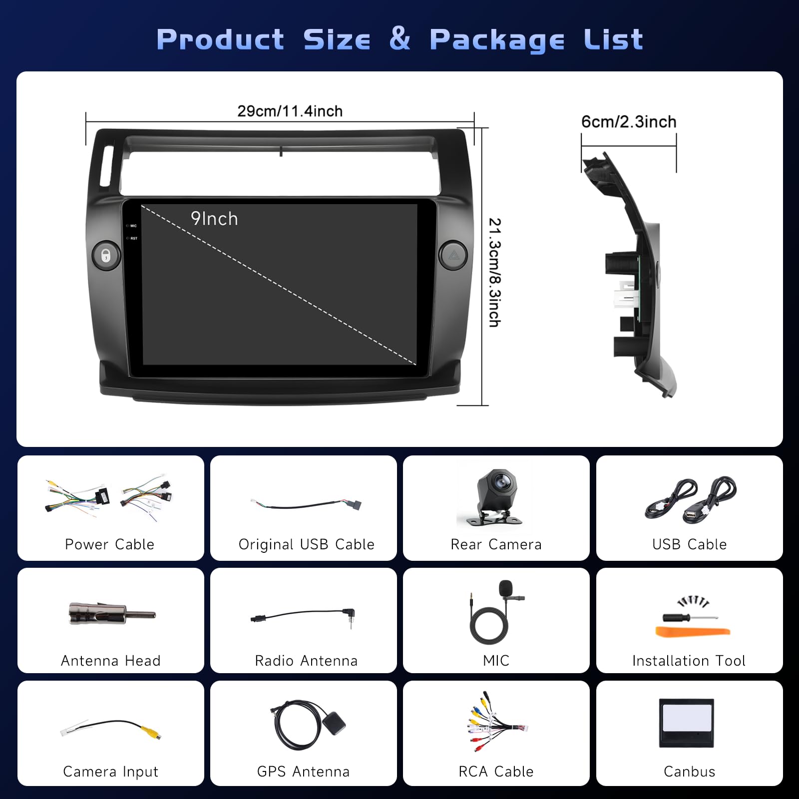 4+128G Android radio samochodowe z ekranem do Citroen C4 2004-2009 Wireless Carplay, radio samochodowe 2 DIN 9 cali Incell ekran 1280 x 720 Android Auto/FM/RDS/kamera cofania