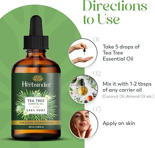 Miniatura 4 de HerbsIndia Aceite esencial de árbol de té para la piel, enorme 3.3 onzas, 100% puro, grado prémium con cuentagotas de vidrio, sin diluir, sin OMG