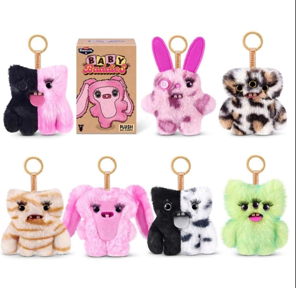 ZURU Fuggler Baby Baddies Plush Bag Charms, Mystery Surprise Collectible, 6 Characters to Collect Plus 1 Rare Mystery Character, Lord Long Ears, Annoyed Alien, Rabid Rabbit, Munch Munch,