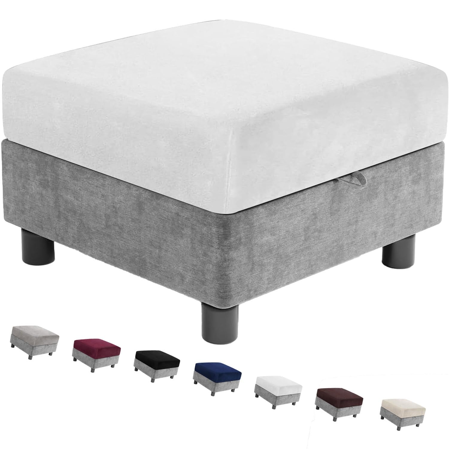 Square Velvet Ottoman Slipcover,Stretch Elastic Washable Foot Stool Cover