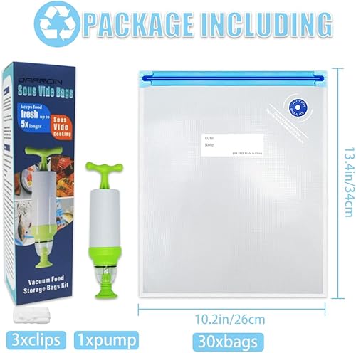 Miniatura 3 de Daarcin 30 bolsas grandes de Sous Vide (10.2 x 13.4 pulgadas10.2 x 13.4in) sin BPA, reutilizables, para mantener la comida fresca, con 1 bomba de