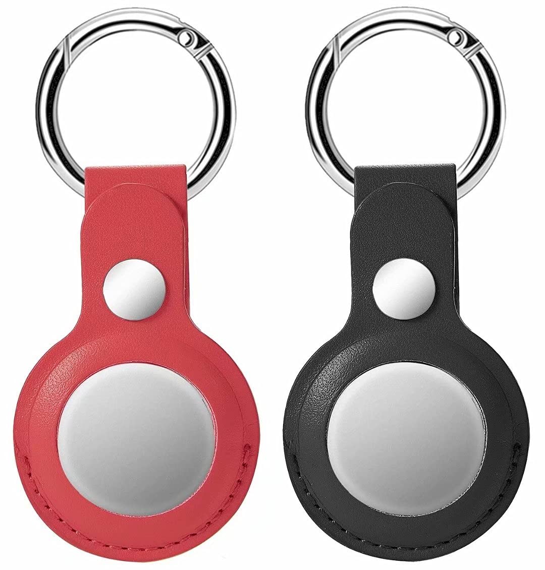 Boleyi 2 Pack PU Leather Case Nouvel airtag 2021 for AirTags Key Finder (Locator Tracker), Mini AirTags Tracker Cover Skin, AirTags Case Cover with Keychain-Red black