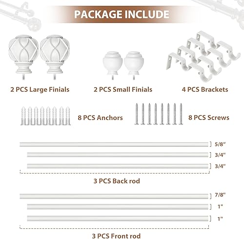 Miniatura 8 de KAMANINA Varillas de cortina dobles de 1 pulgada de 72 a 144 pulgadas (6-12 pies) para ventanas de 69 a 140 pulgadas, remates de textura de red,