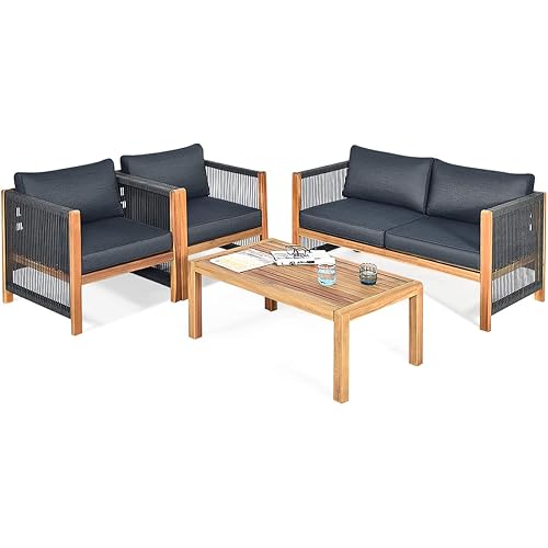 Tangkula Outdoor Wood Furniture Set, Acacia Wood Frame Loveseat Sofa, 2 Single Chairs and Coffee Table, 4 Pieces Conversation Set with Cushions, Garden Balcony Poolside Outdoor Living Set (1, Grey)