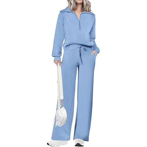 PRETTYGARDEN Women's 2 Piece Outfits Casual Lapel Half Zip Sweatshirts And Wide Leg Pants Tracksuit Sets