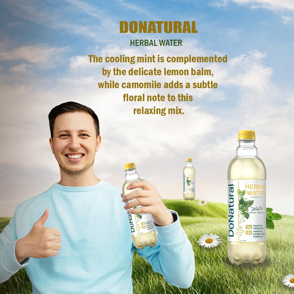 Agua de Hierbas DoNatural – Menta con Melisa y Manzanilla, 500 ml – Bebida relajante baja en calorías con magnesio y zinc, agua vegana natural infusionada
