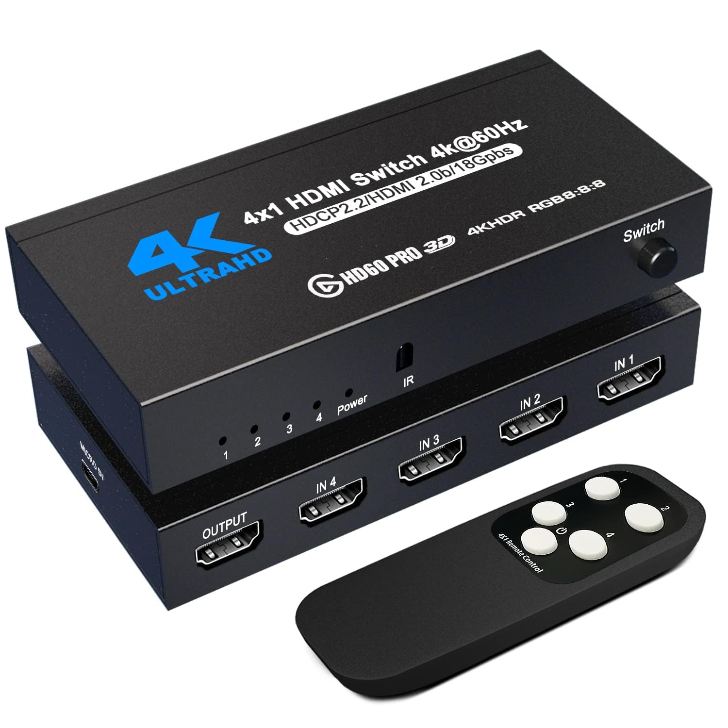 HDMI Splitter 4 in 1 Out, NerdEthos HDMI Switch with Remote LED Indicators, 4 Port Switcher Box Supports 4K@60Hz HDR10 HDCP 2.2 3D Dolby DST, for PS4