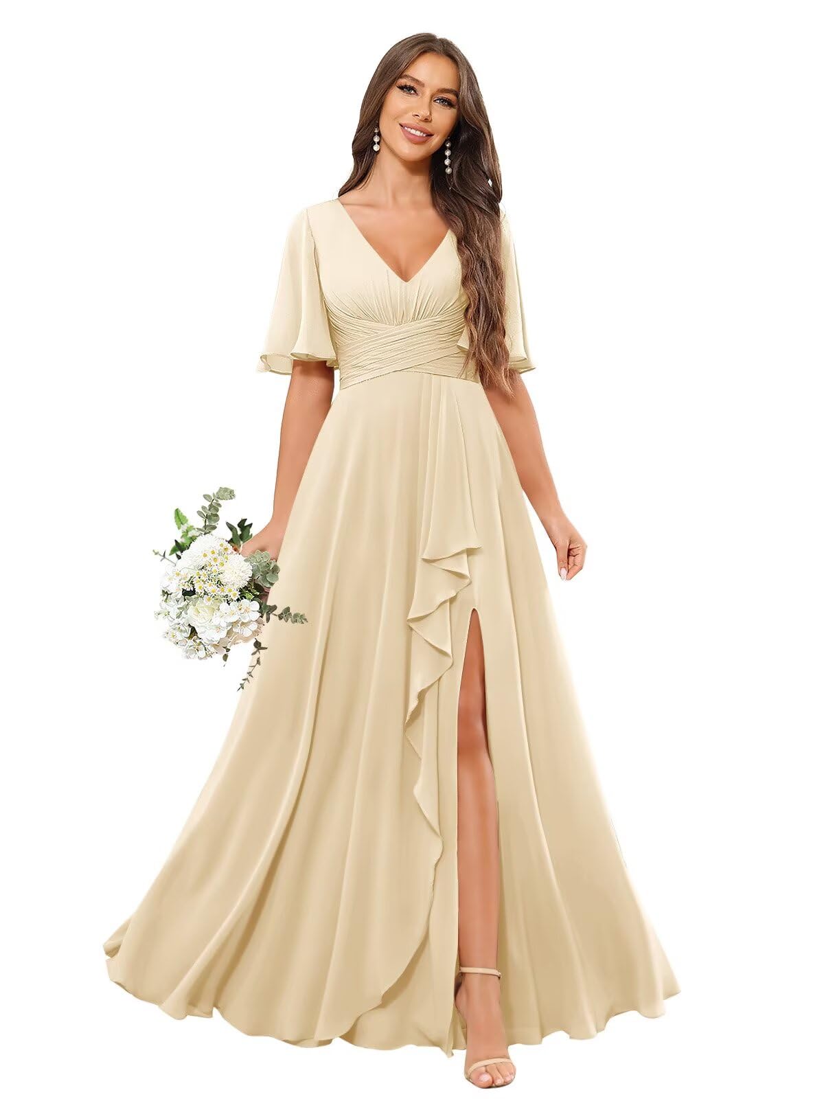 Sukleet Women's Flutter Sleeve Bridesmaid Dress Long for Wedding V Neck Ruffled Chiffon Formal Dress with Slit
