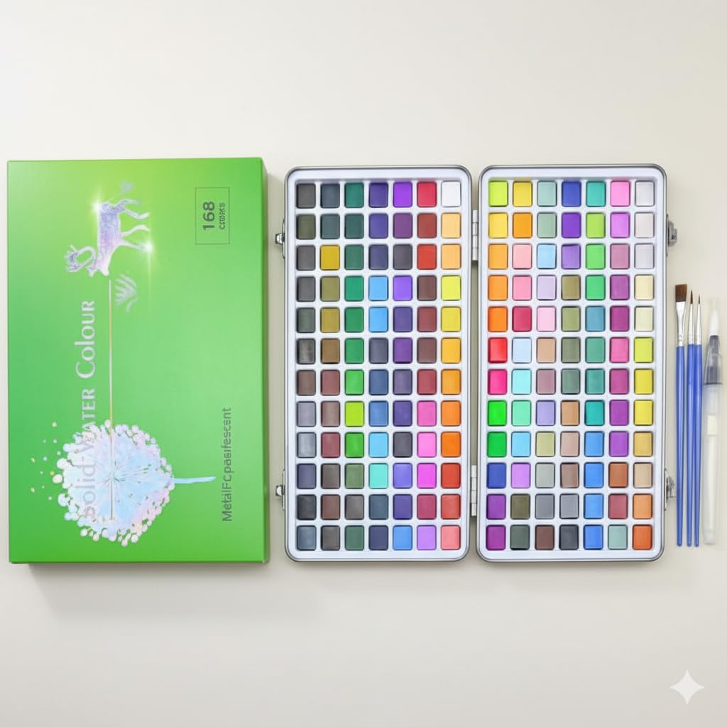 BOLT BEE Professional Watercolor Paint Set, Travel Palette Kit with Detail Brush, Art Supplies for Artists, Adults, Teens, Beginners (168)