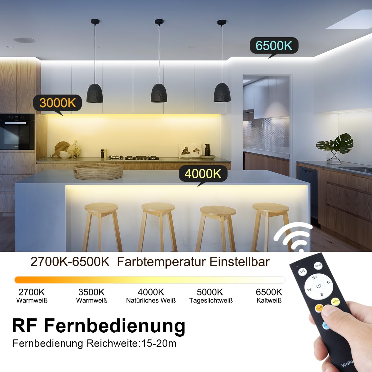 Wefomey Striscia LED COB da 10 m, luce bianca calda, 2700 K-6500 K, controllo tramite app, 24 V, dimmerabile, flessibile, set con telecomando, CRI 92 6080 LED per decorazione domestica, cucina