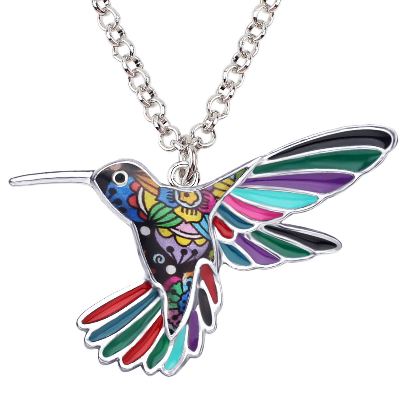 BONSNYEnamel Alloy Chain Hummingbird Bird Necklace Pendant Original Design for Women Charms Gifts