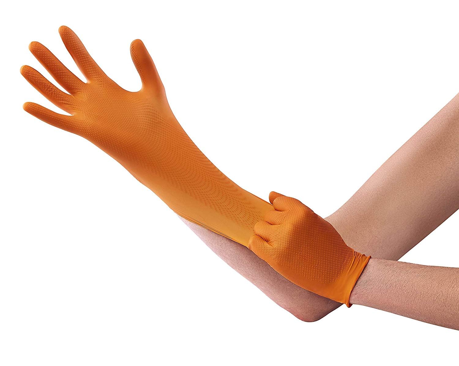 Venom Steel Guantes de nitrilo de agarre máximo, 8 mm de grosor, textura de diamante elevada para agarre, resistente a pinchazos y roturas, naranja de alta visibilidad, talla única (100 unidades)