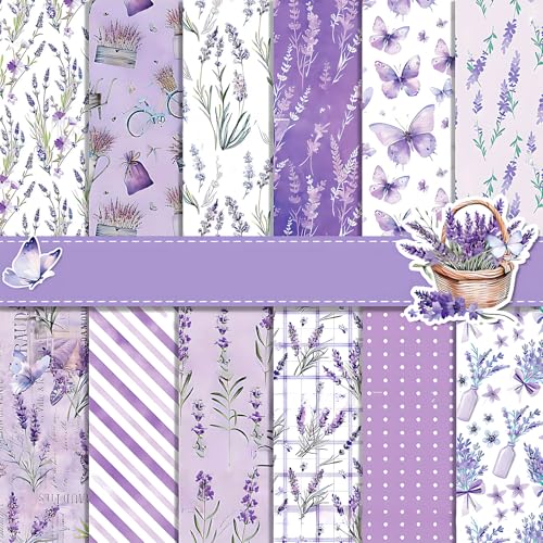 Scrapbook Papier Lila Blumen Muster Scrapbook Bastelpapier, 30x30 cm Scrapbooking Papier Motivpapier mit Lavendel und Schmetterling Muster, 24 Blatt Doppelseitiges Decoupage Papiere Dekorpapier