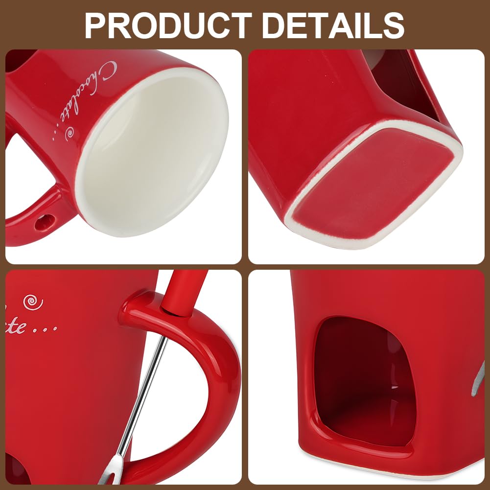 Vicloon Tazas de Fondue de Chocolate, 130 ML Taza de Fusión de Chocolate de Cerámica, Taza de Fusión de Queso con Tenedores, para Derretir Queso, Chocolates y Mantequilla (Rojo)