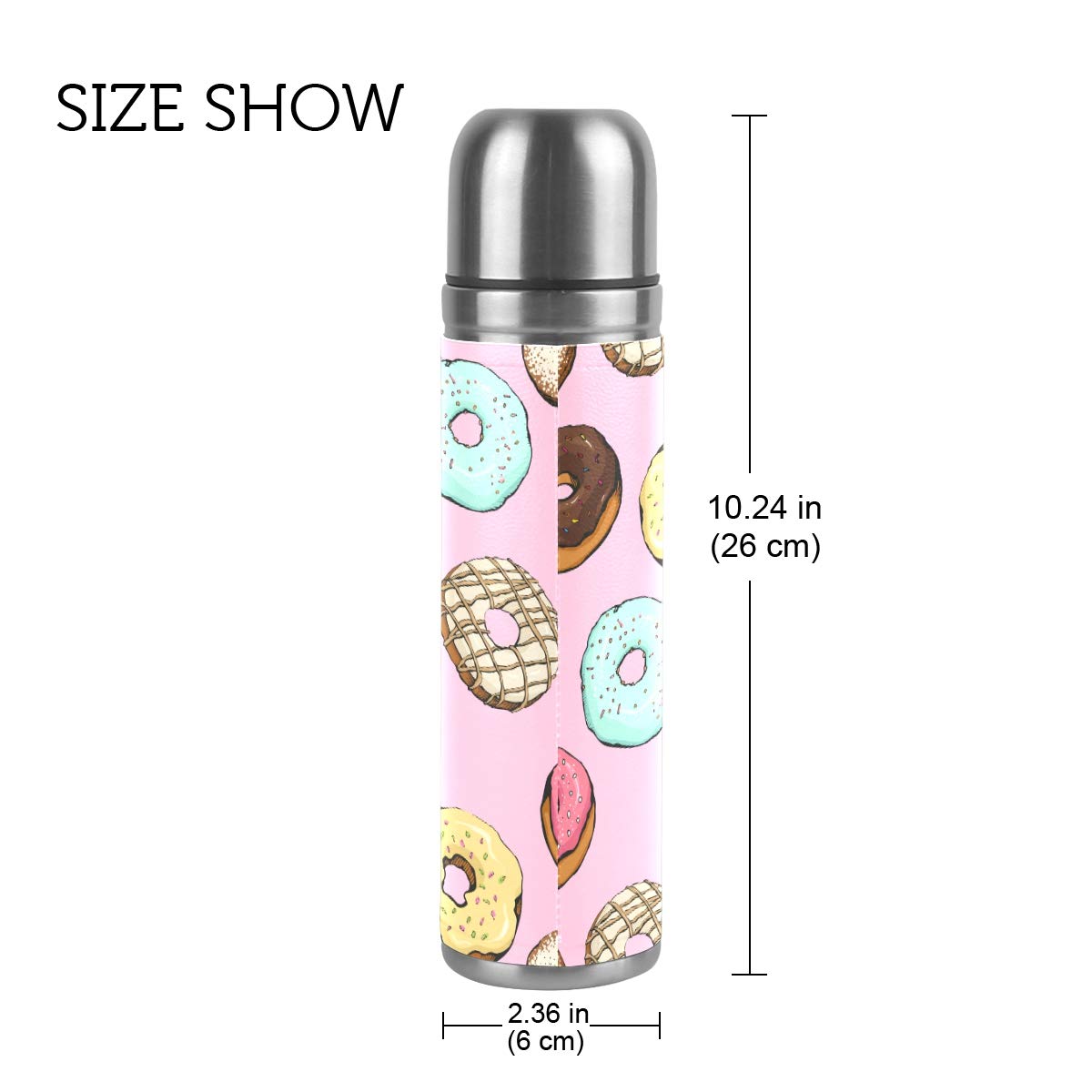 Taza de viaje aislada al vacío de acero inoxidable con doble pared a prueba de fugas, diseño de rosquillas, personalizable impreso en piel auténtica, termo termo de 500 ml